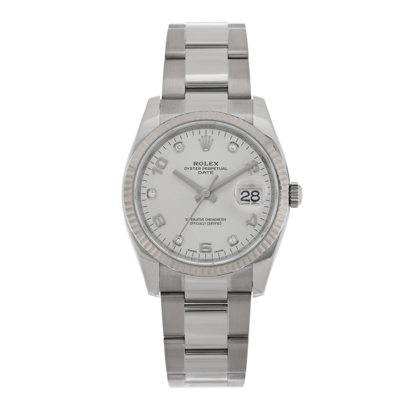 Stainless Steel 18K White Gold Diamond 34mm Oyster Perpetual Date Watch Silver 115234