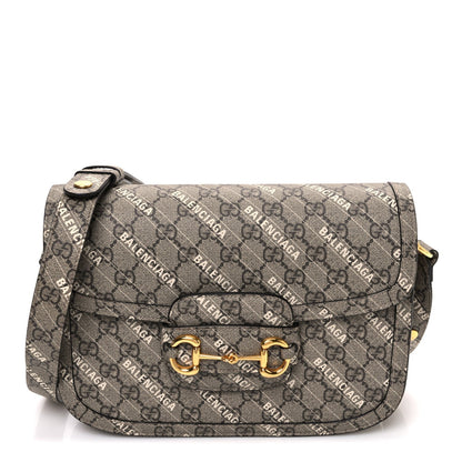 X BALENCIAGA GG Supreme Monogram Logo Print Horsebit 1955 Shoulder Bag Beige Ebony