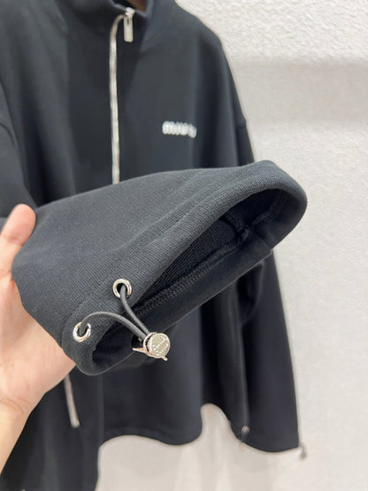 Miumiu 25FW Micro-logo Embroidered Half-zip Sweatshirt Black Cotton