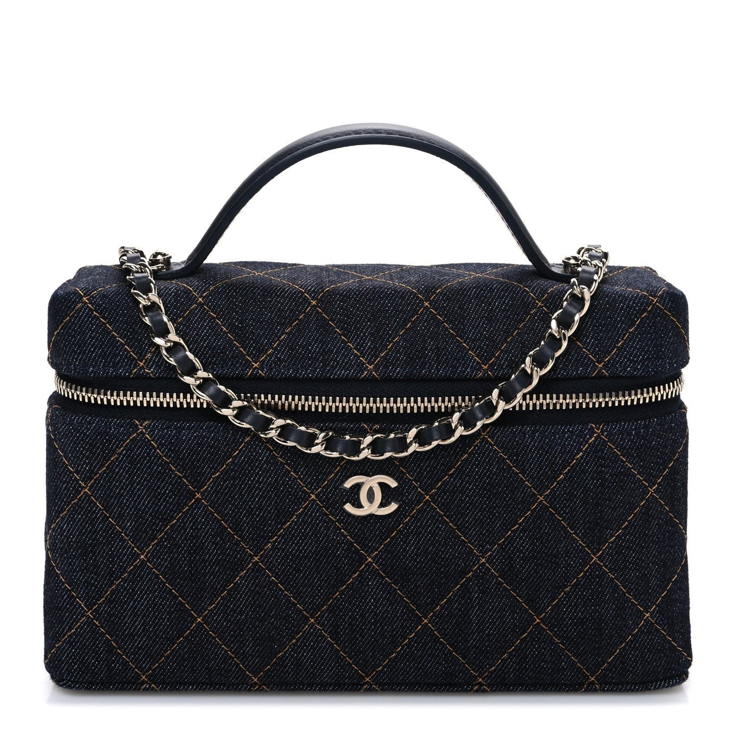Denim Quilted Top Handle Slim Vanity Case With Chain Blue Orange