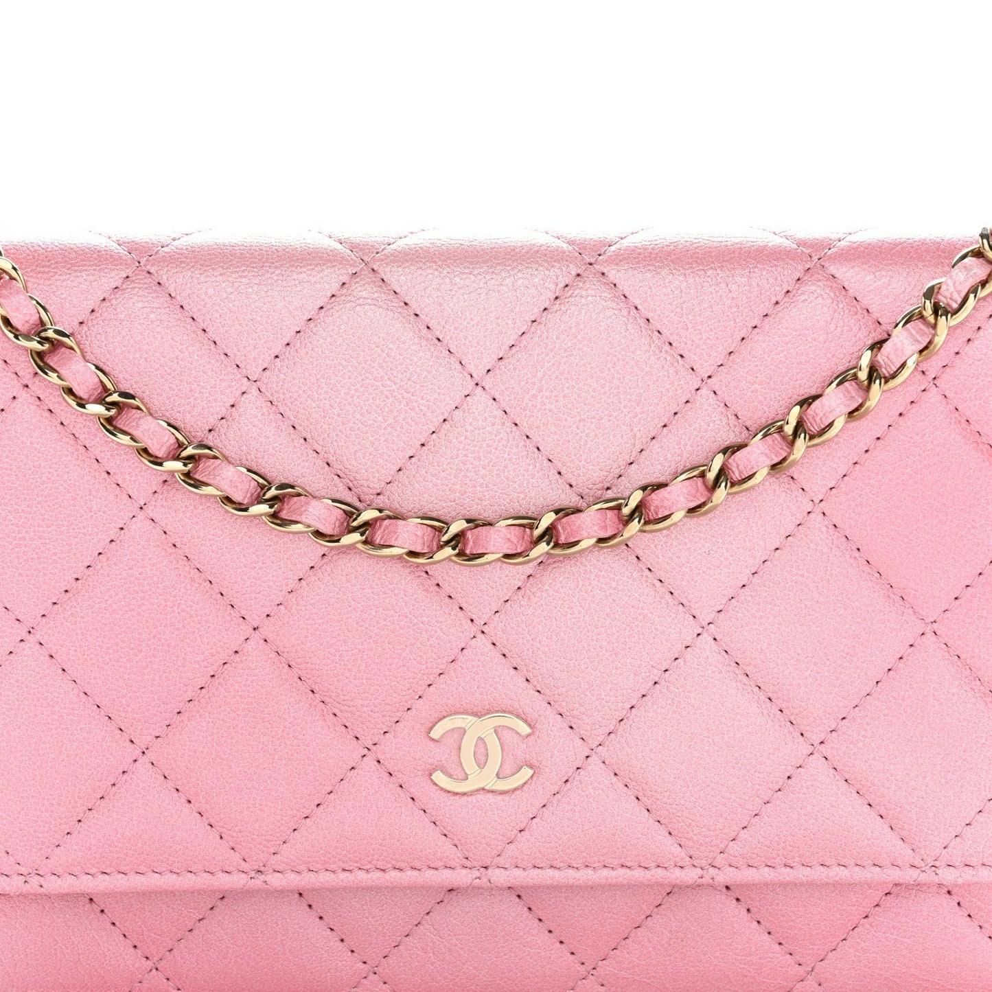 Iridescent Calfskin Quilted Wallet On Chain WOC Rose Pink