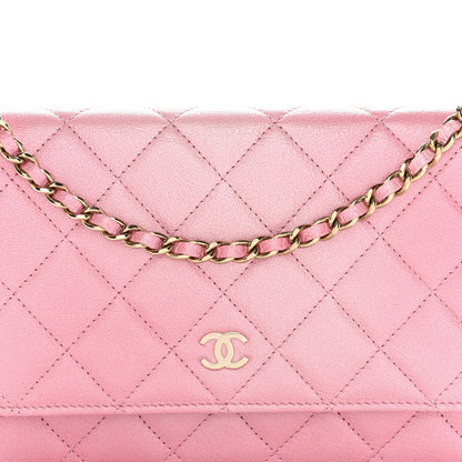 Iridescent Calfskin Quilted Wallet On Chain WOC Rose Pink