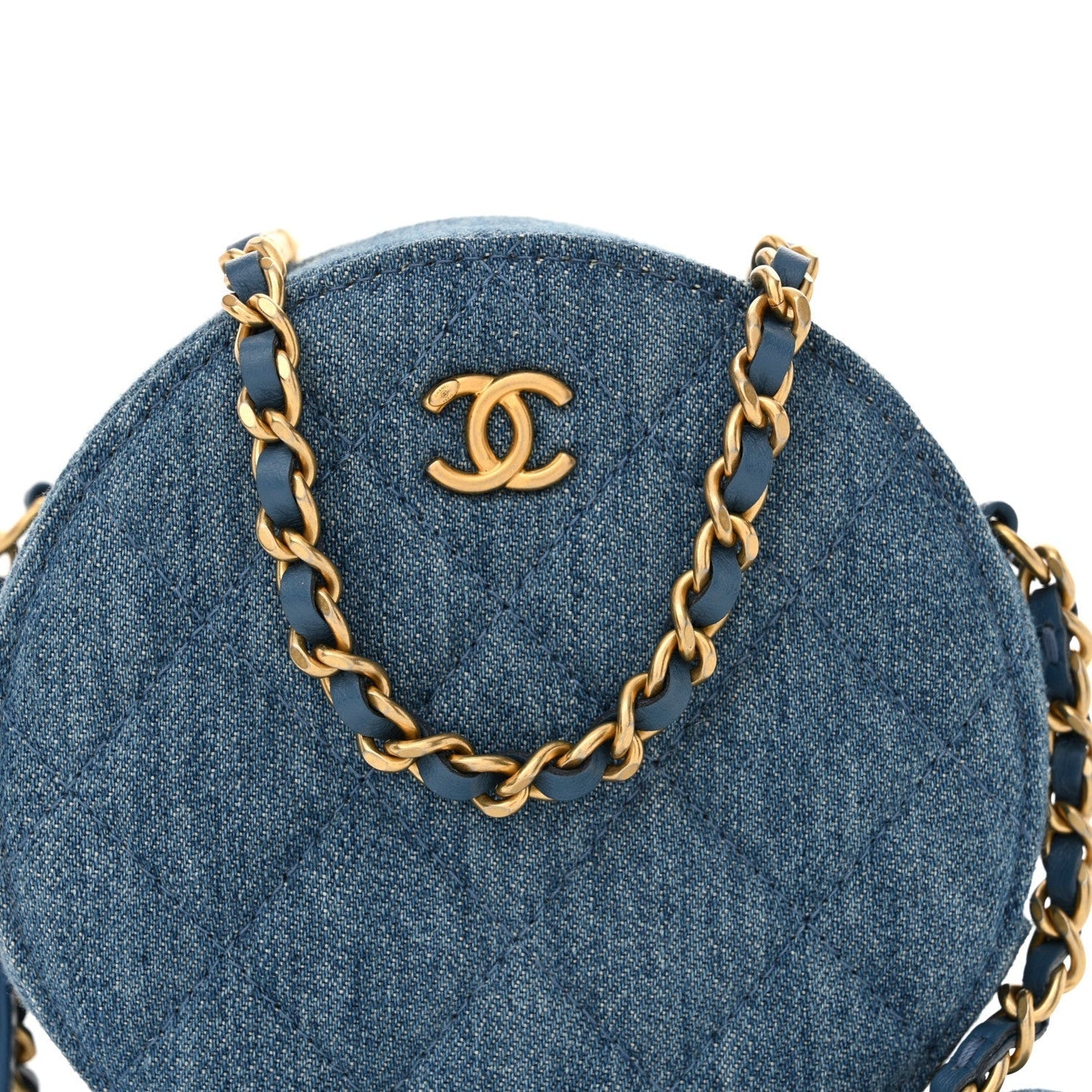 Denim Quilted Round Pearl Crush Clutch With Chain Blue
