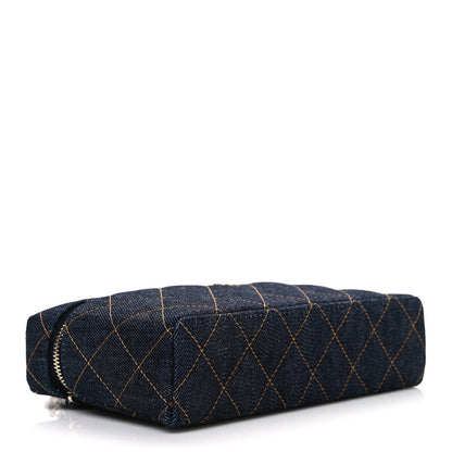 Denim Quilted Top Handle Slim Vanity Case With Chain Dark Blue Orange