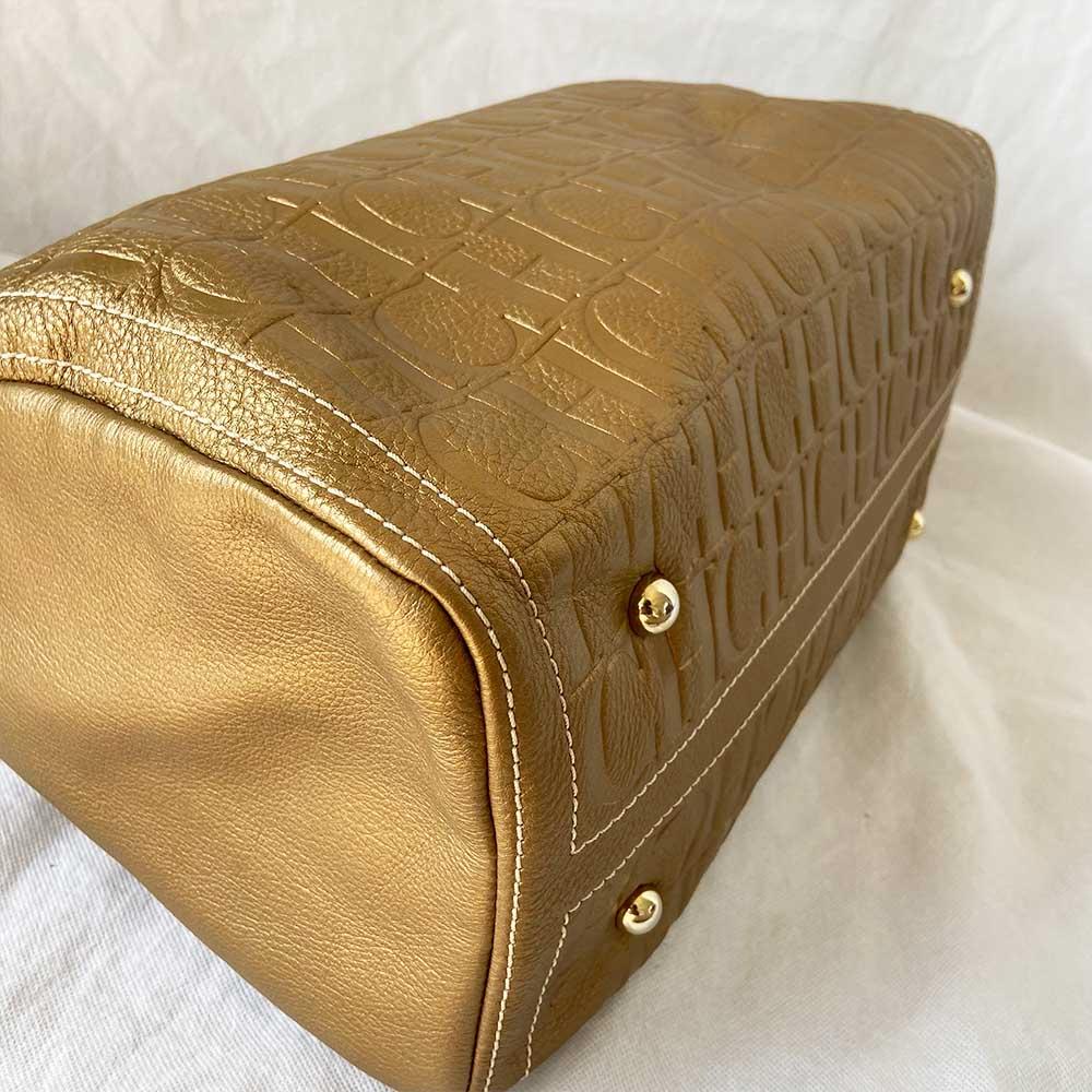 Carolina Herrera Gold Monogram Leather Andy Boston Bag