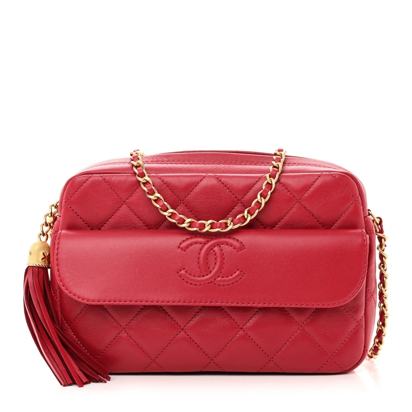 Lambskin Quilted Chain & Tassel Small Camera Case Fuchsia