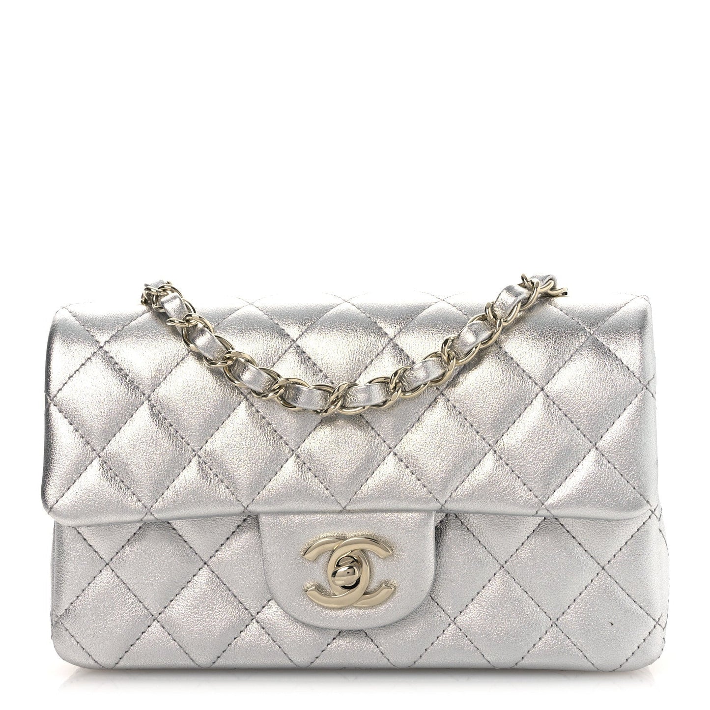 Metallic Lambskin Quilted Mini Rectangular Flap Silver