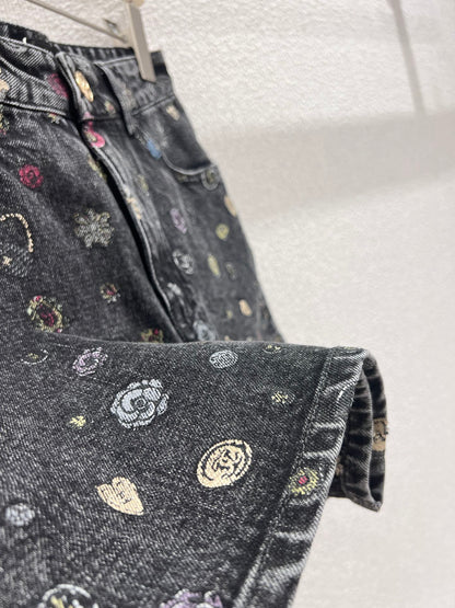 CC 25 Flower Jean Shorts Dark Gray Cotton