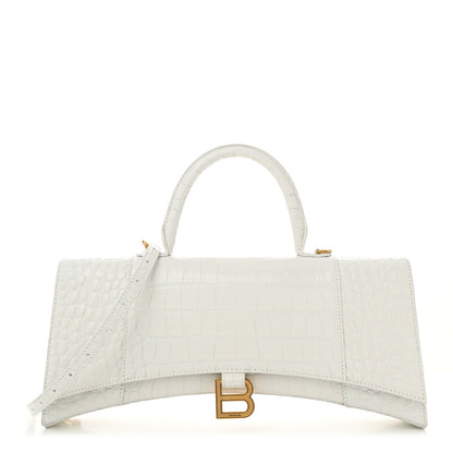 Shiny Calfskin Crocodile Embossed Tonal B Hourglass Stretch Top Handle Bag White