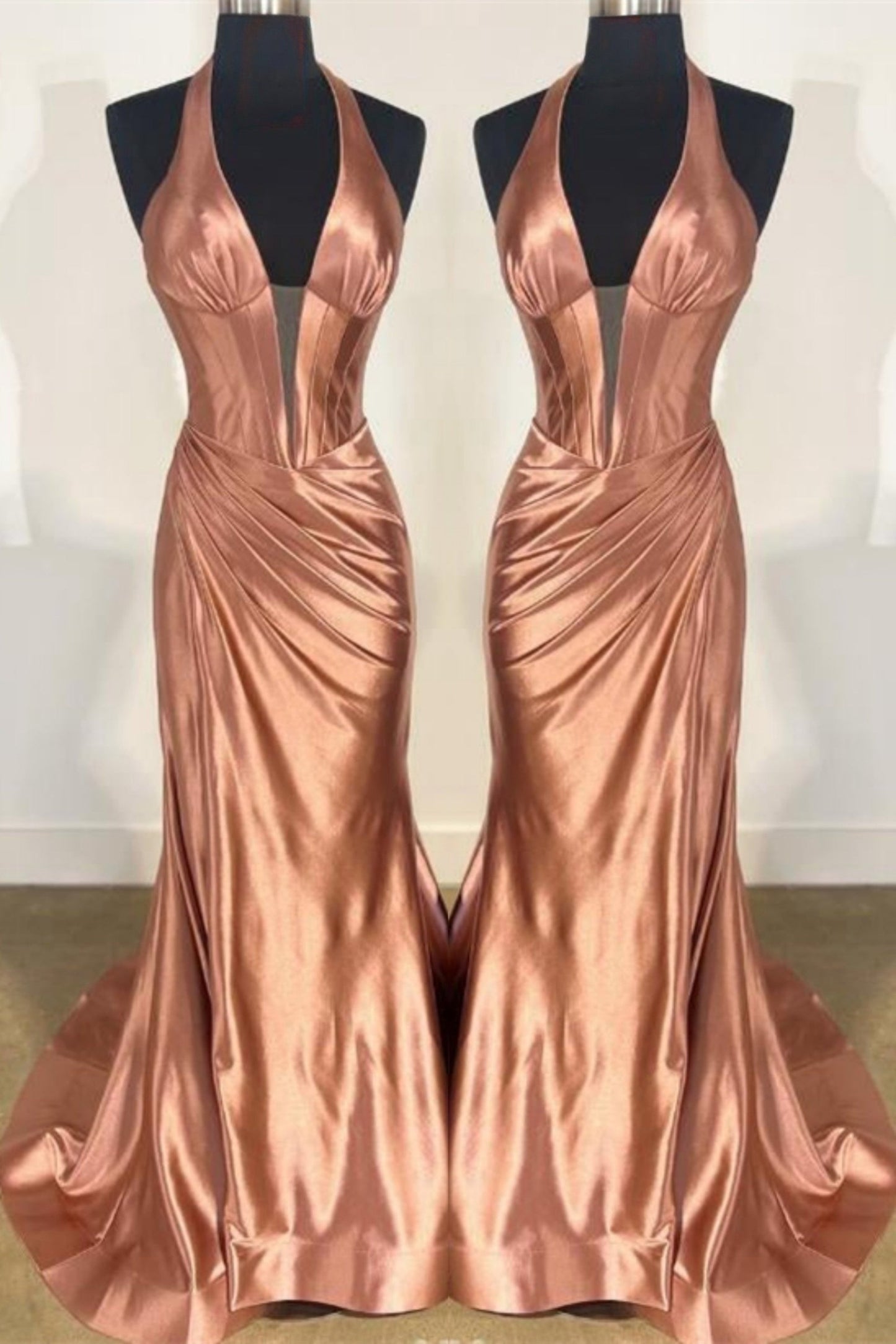 Dusty Pink Plunging V Halter Mermaid Long Prom Dress