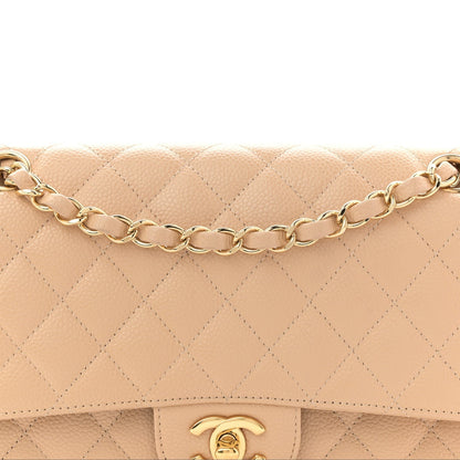 Caviar Quilted Medium Double Flap Beige