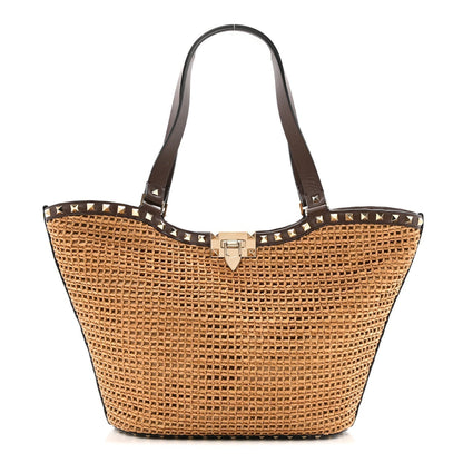 Synthetic Raffia Calfskin Rockstud Small Garden Tote Bag Tobacco Cacao