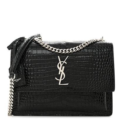 Calfskin Crocodile Embossed Medium Monogram Sunset Black