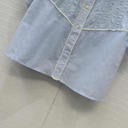 Prada 25 Lace Short-sleeved Shirt Blue Cotton
