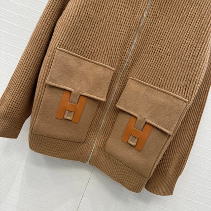 HM 25S Zipped Jacket H Leather Pockets in Brown Cashmere 305010