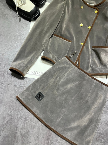 Celine 26ss Short Jacket + A-Line High-Waisted Skirt Set Gray in Suede 189584