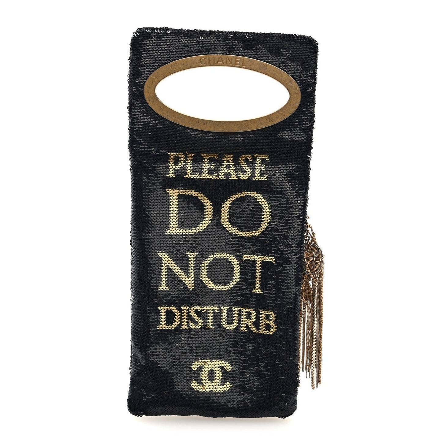 Sequin Do Not Disturb Minaudiere Clutch Black Gold