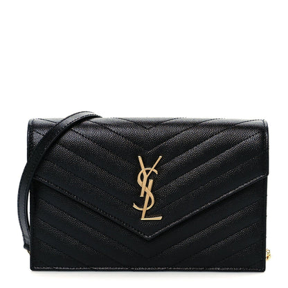 Grain De Poudre Matelasse Chevron Monogram Envelope Chain Wallet Black