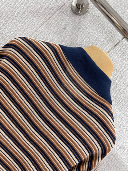 Miumiu 2026 Striped Long-sleeve Knit Polo Shirt Beige Brown Multicolour Wool 349007