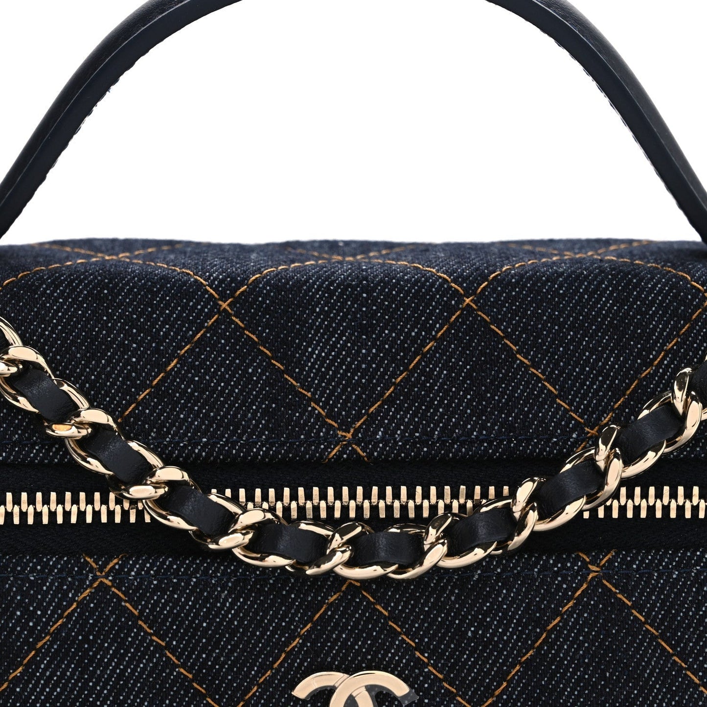 Denim Quilted Top Handle Slim Vanity Case With Chain Dark Blue Orange