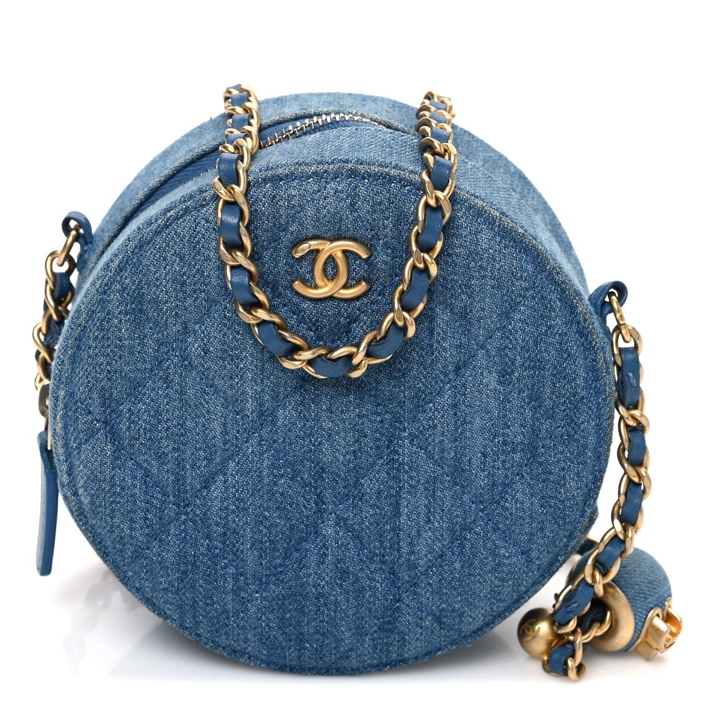 Denim Quilted Round Pearl Crush Clutch With Chain Blue