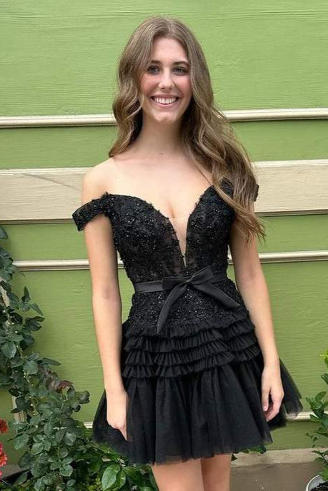 Off-the-Shoulder Bow Tiered Short Homecoming Dress with Ruffles