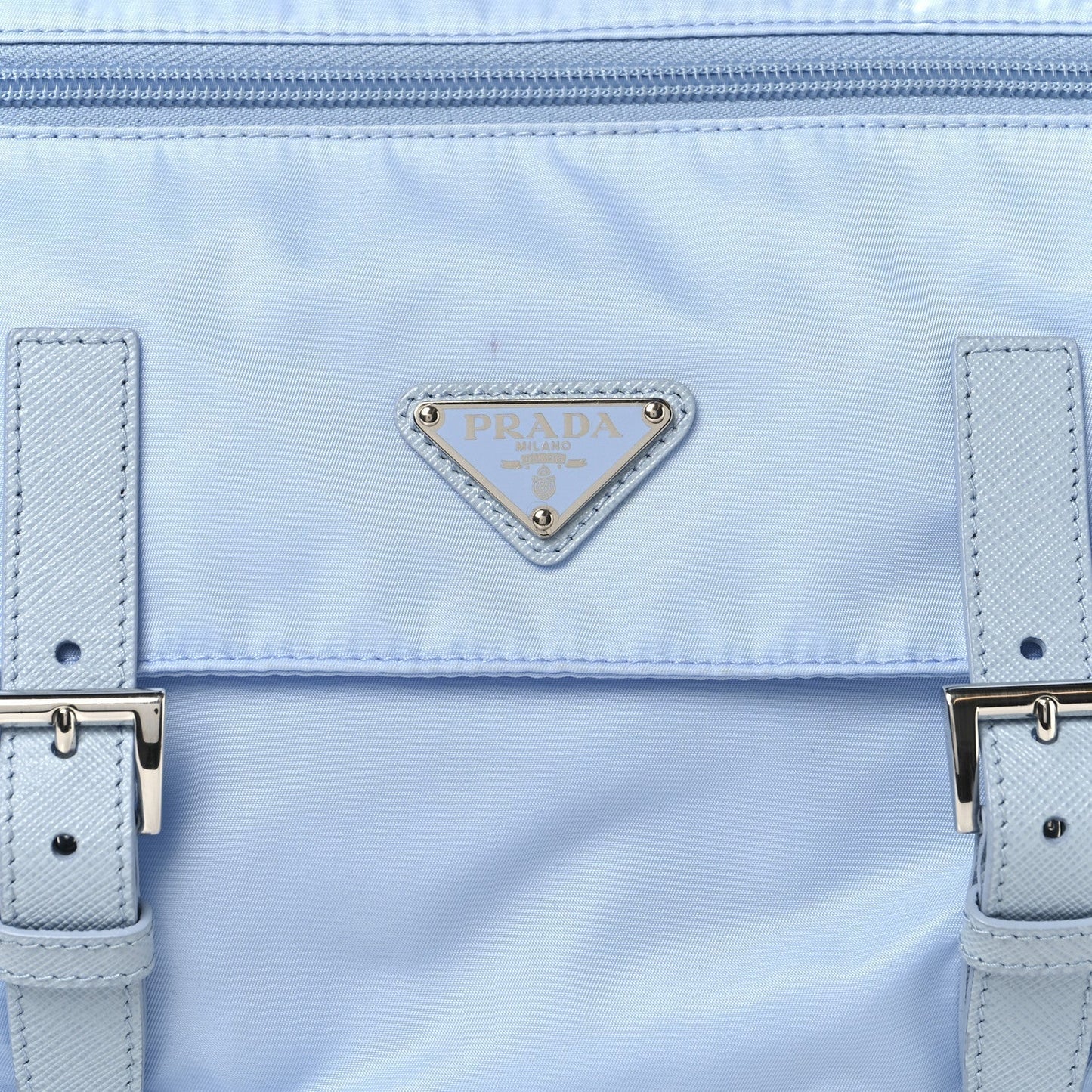 Re-Nylon Vela Saffiano Pocket Double Buckle Messenger Shoulder Bag Celeste
