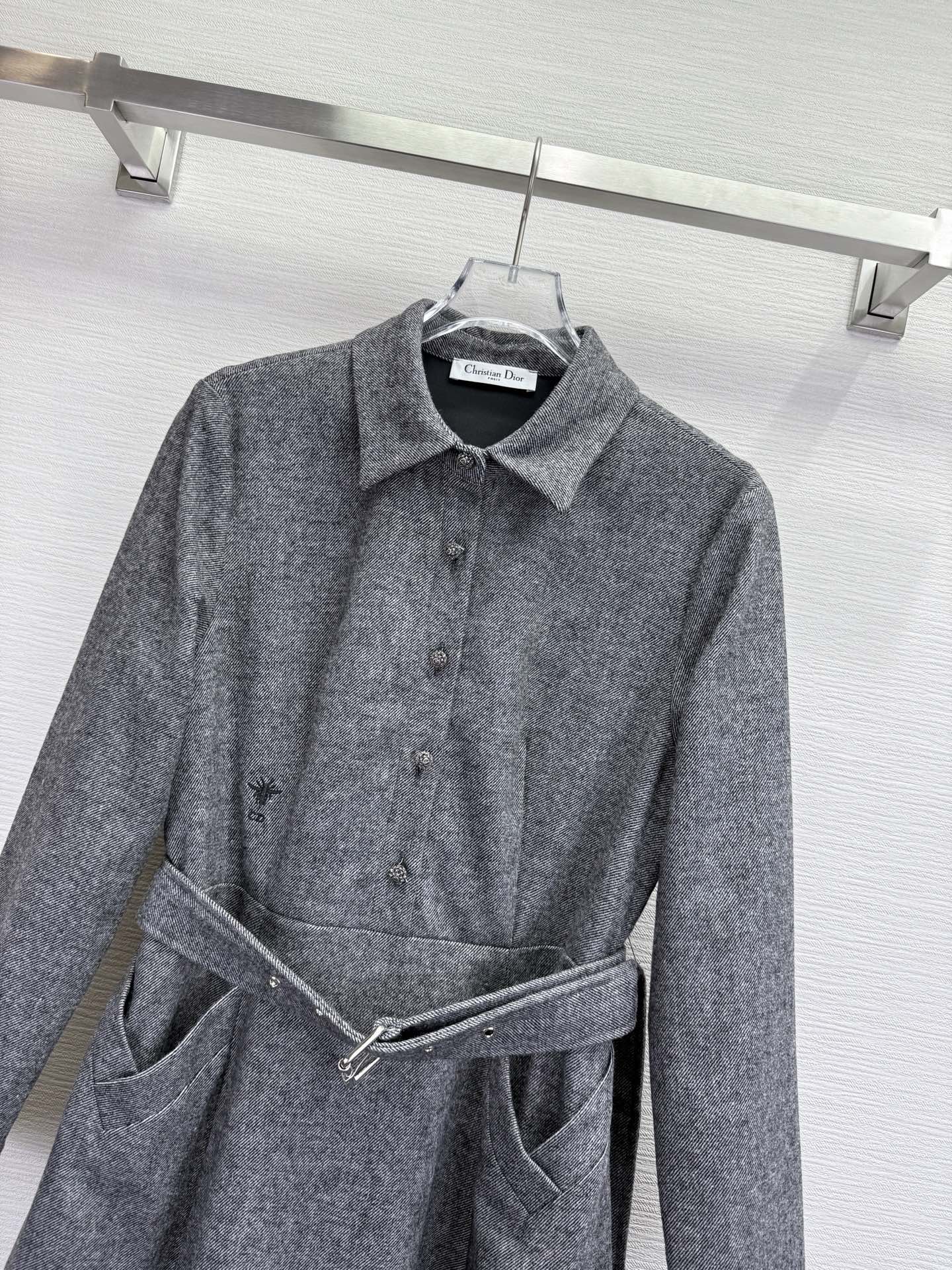 CD 25SS Long Dress With A Fabric Belt Gray Wool 306573