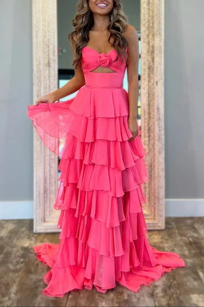 Strapless Chiffon Tiered A-Line Long Prom Dress With Side Slit