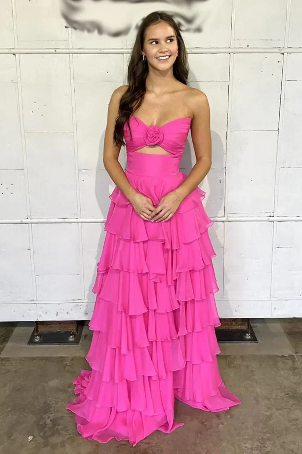 Strapless Chiffon Tiered A-Line Long Prom Dress With Side Slit
