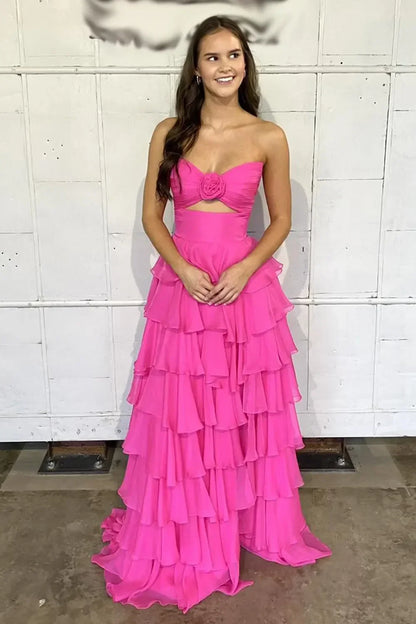 Strapless Chiffon Tiered A-Line Long Prom Dress With Side Slit