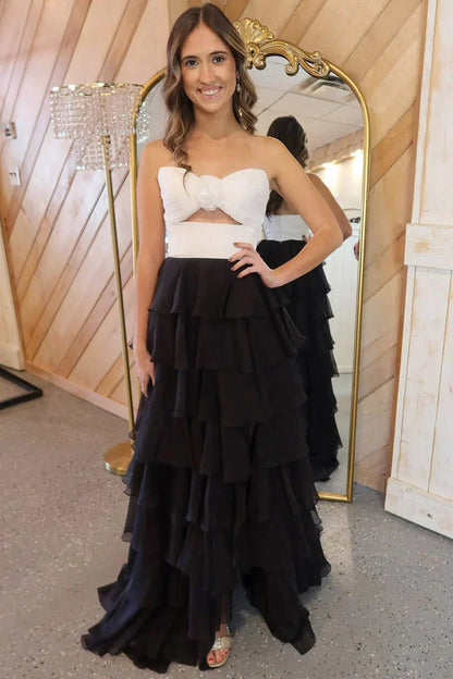 Strapless Chiffon Tiered A-Line Long Prom Dress With Side Slit