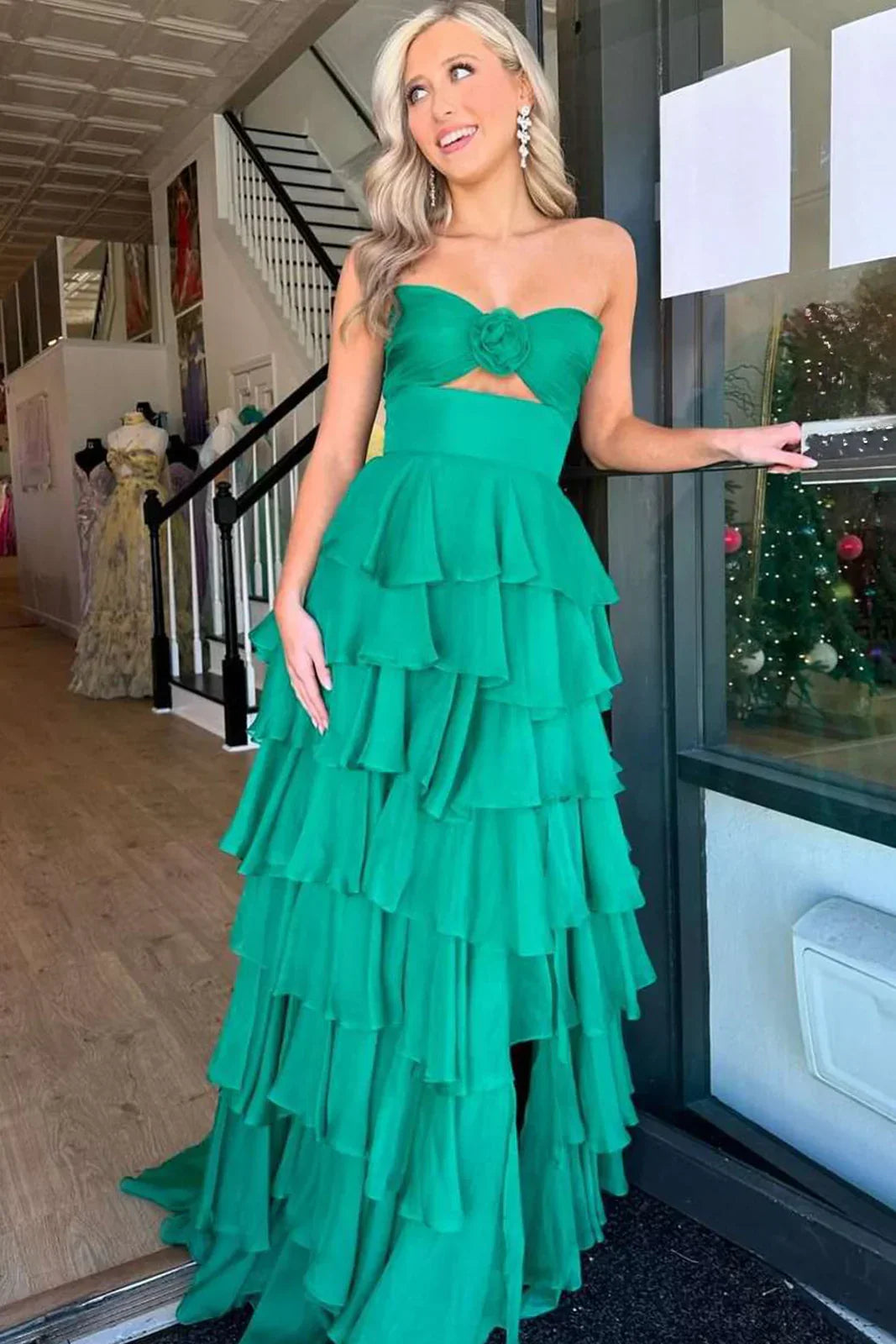 Strapless Chiffon Tiered A-Line Long Prom Dress With Side Slit