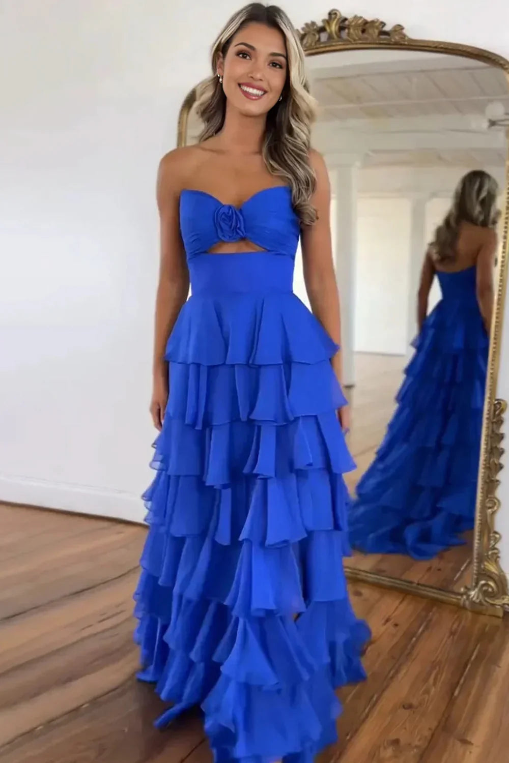 Strapless Chiffon Tiered A-Line Long Prom Dress With Side Slit