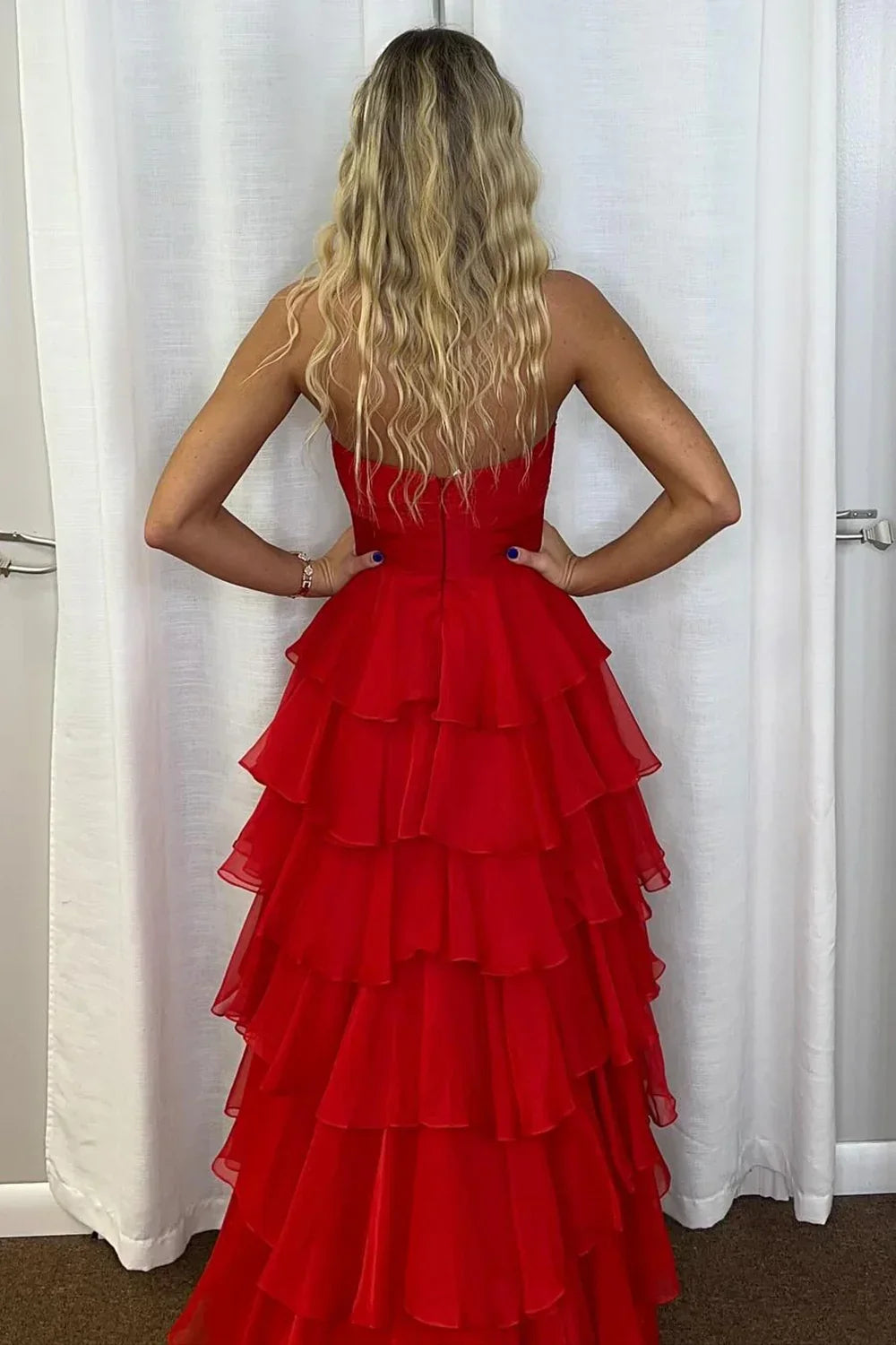 Strapless Chiffon Tiered A-Line Long Prom Dress With Side Slit