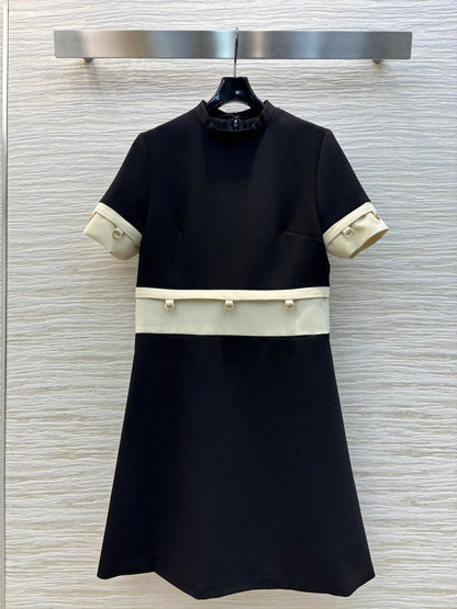 Prada 25 Patchwork Short-sleeved Dress Black mix Beige Cotton
