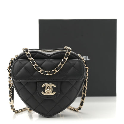 Lambskin Quilted CC In Love Heart Clutch With Chain  Black