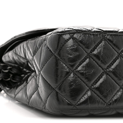 Shiny Crumpled Calfskin Quilted Jumbo Double Flap So Black