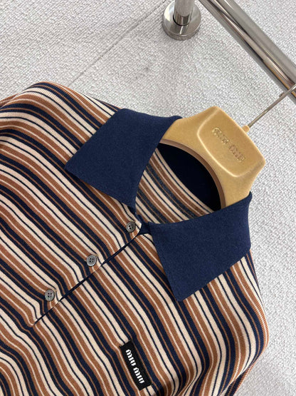 Miumiu 2026 Striped Long-sleeve Knit Polo Shirt Beige Brown Multicolour Wool 349007
