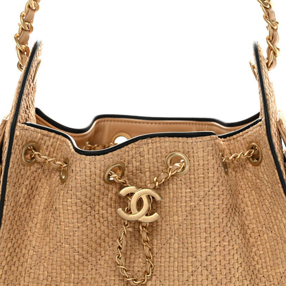Braided Raffia Calfskin Quilted Mini Chanel 25 Handbag Beige Black