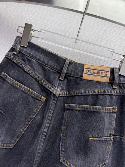 CD 25SS Laser Printed Stripe Pattern Denim Skirt Dark Gray Cotton 306522