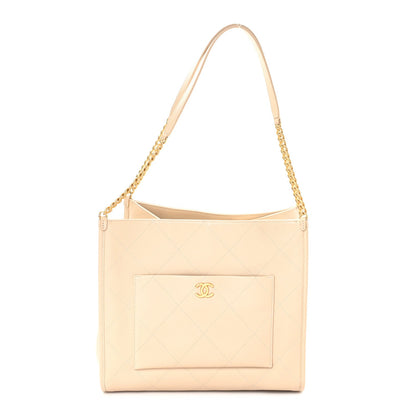 Caviar Stitched Pocket CC Large Tote Light Beige