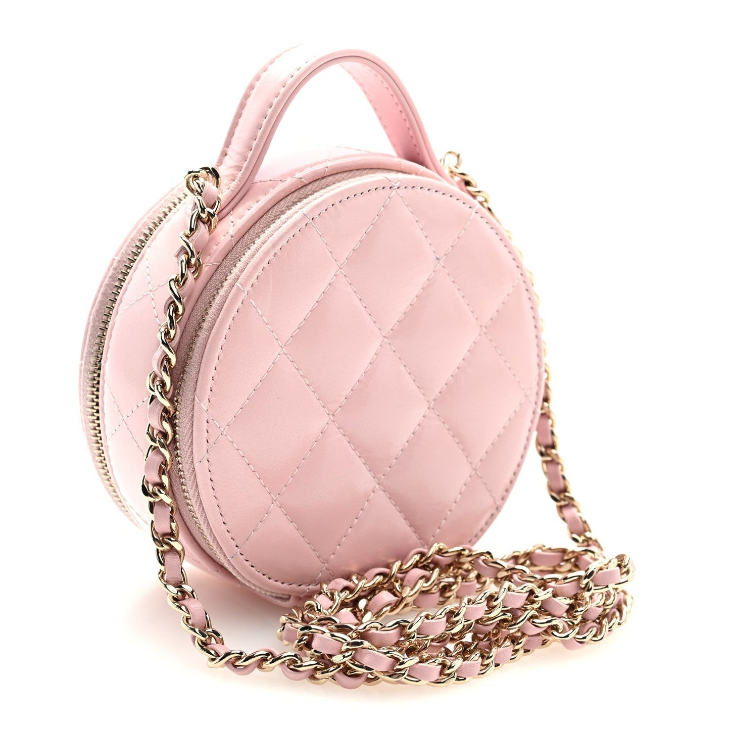 Lambskin Quilted Round Handle With Care Vanity With Chain Pink