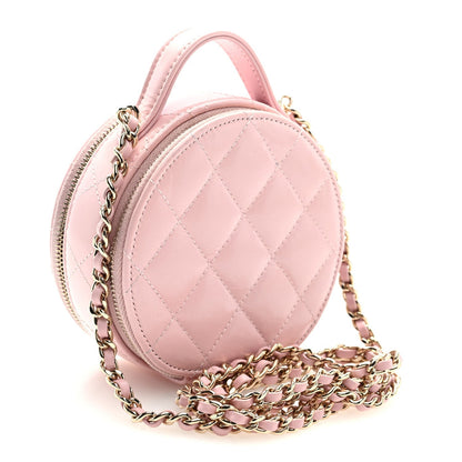 Lambskin Quilted Round Handle With Care Vanity With Chain Pink
