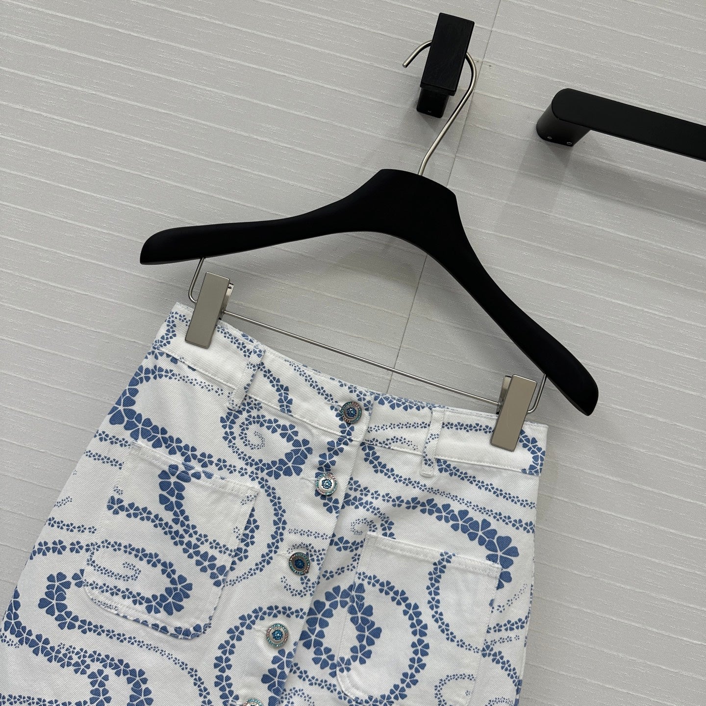 CC 25 Printed Denim Single-breasted Short Skirt Blue White Cotton