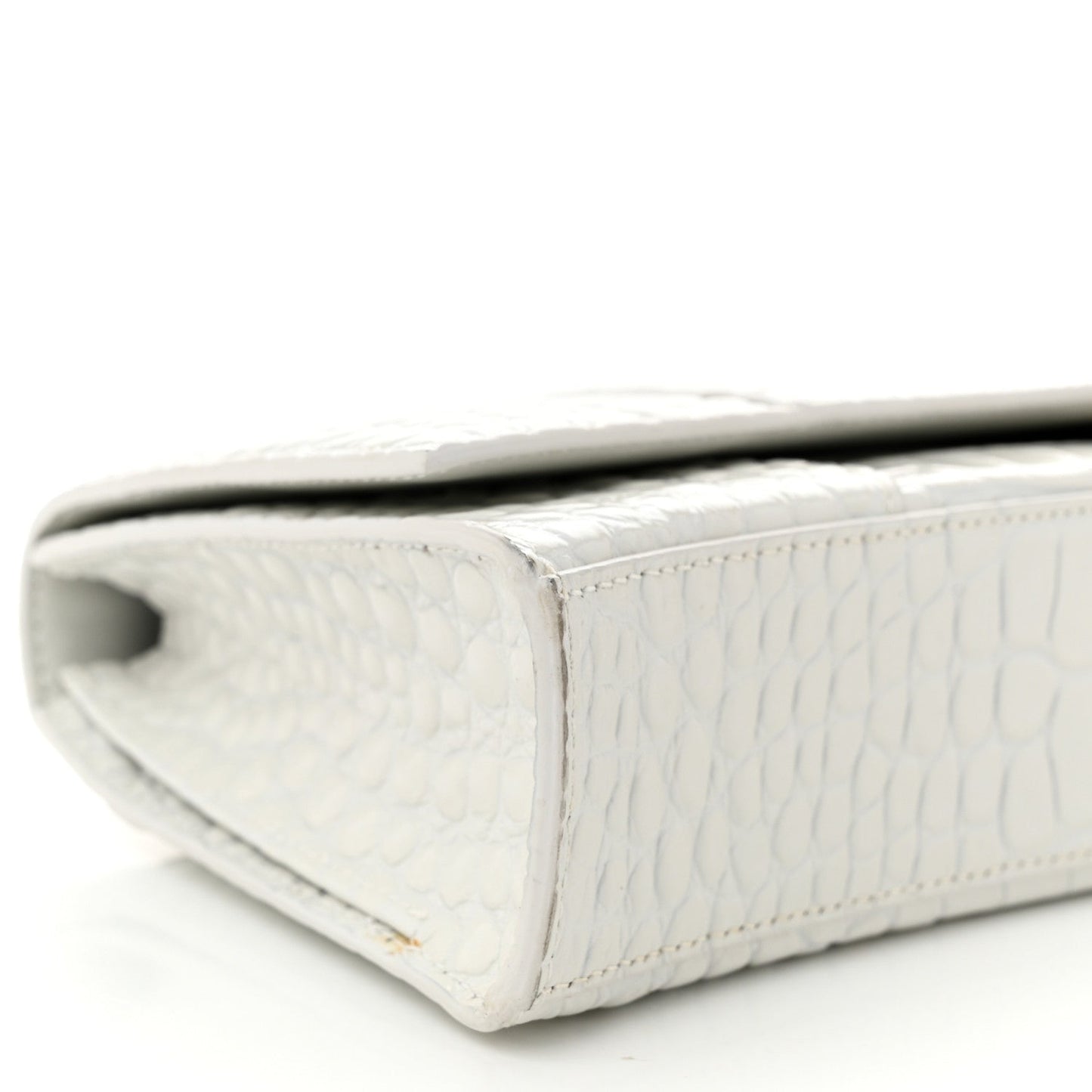 Shiny Calfskin Crocodile Embossed Tonal B Hourglass Stretch Top Handle Bag White