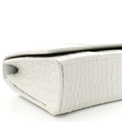 Shiny Calfskin Crocodile Embossed Tonal B Hourglass Stretch Top Handle Bag White