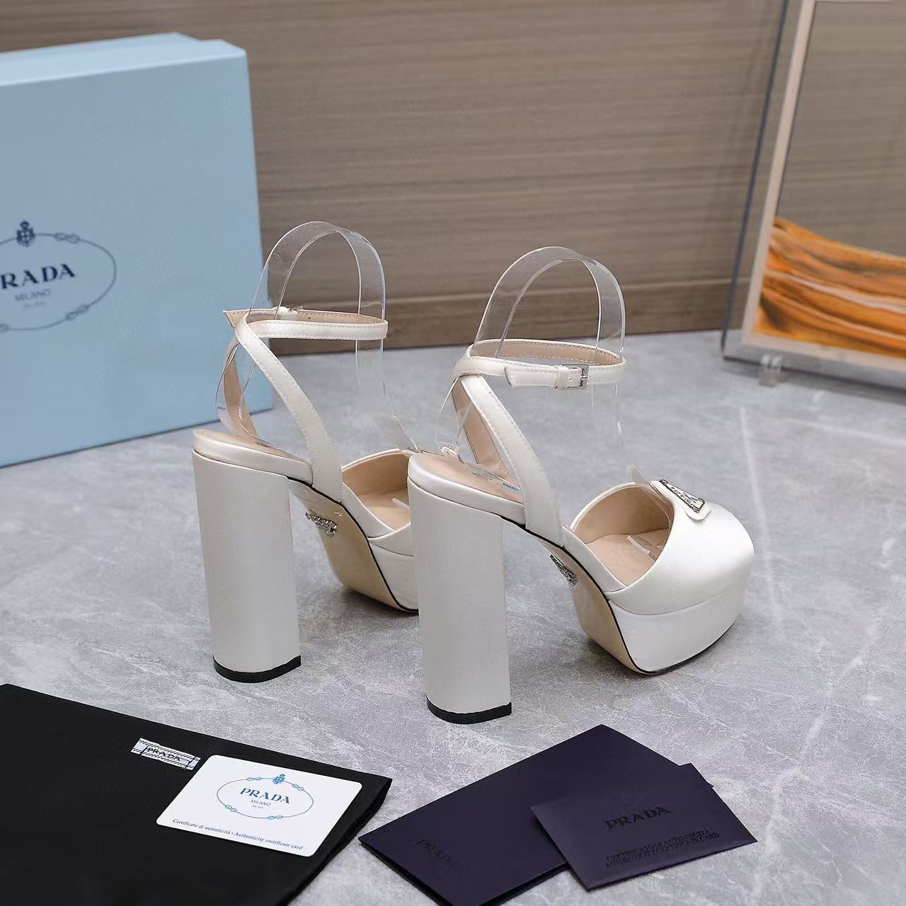 Prada Platforms 130mm High Heel White Silk Sandals