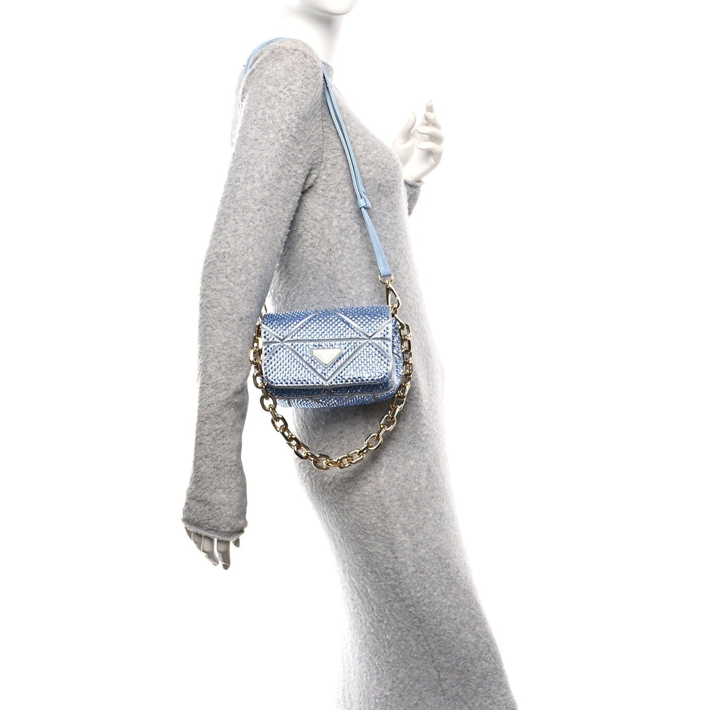 Satin Crystal Mini Bag With Chain Celeste