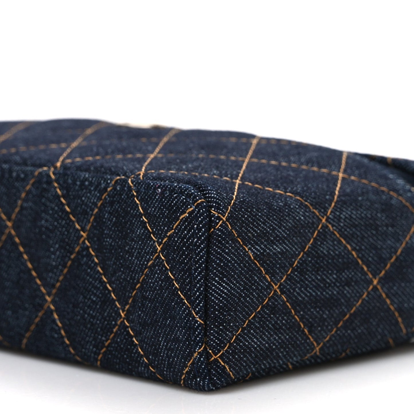 Denim Quilted Top Handle Slim Vanity Case With Chain Dark Blue Orange